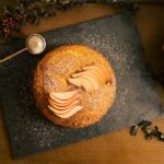 Pear cake topped with sliced pears