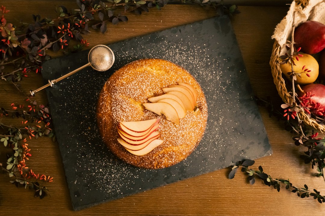 Pear cake topped with sliced pears