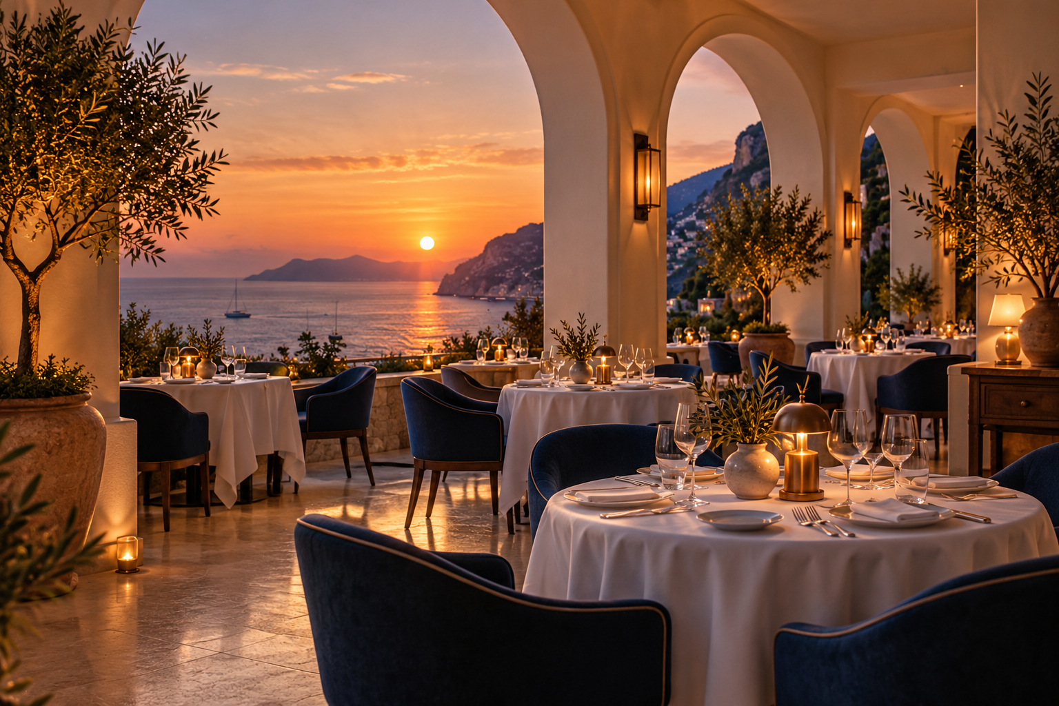 AI-generated illustration: the fictional Grand Azure dining room overlooking the sea at sunset.