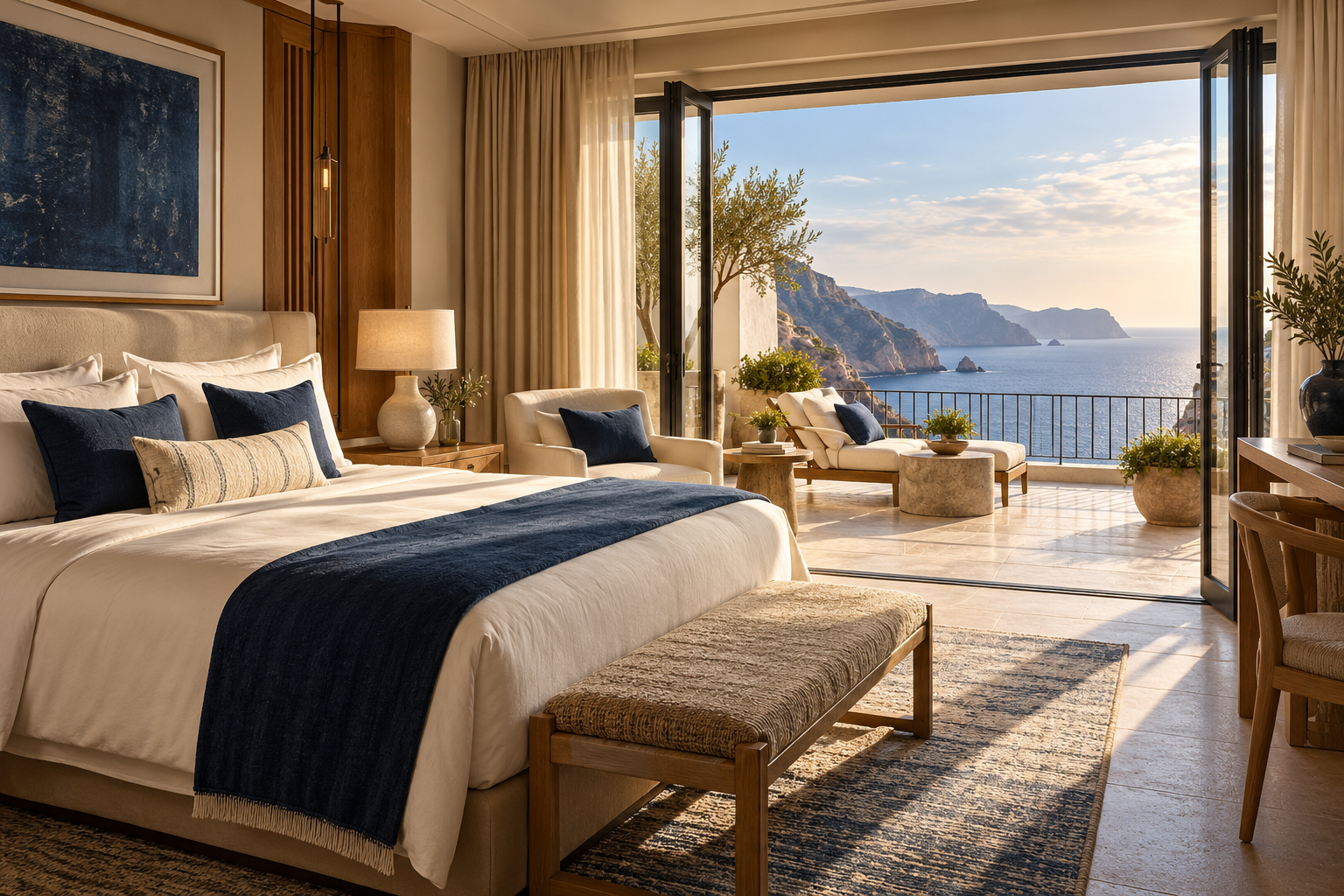 AI-generated illustration: an elegant fictional Grand Azure suite with a sea-view balcony.