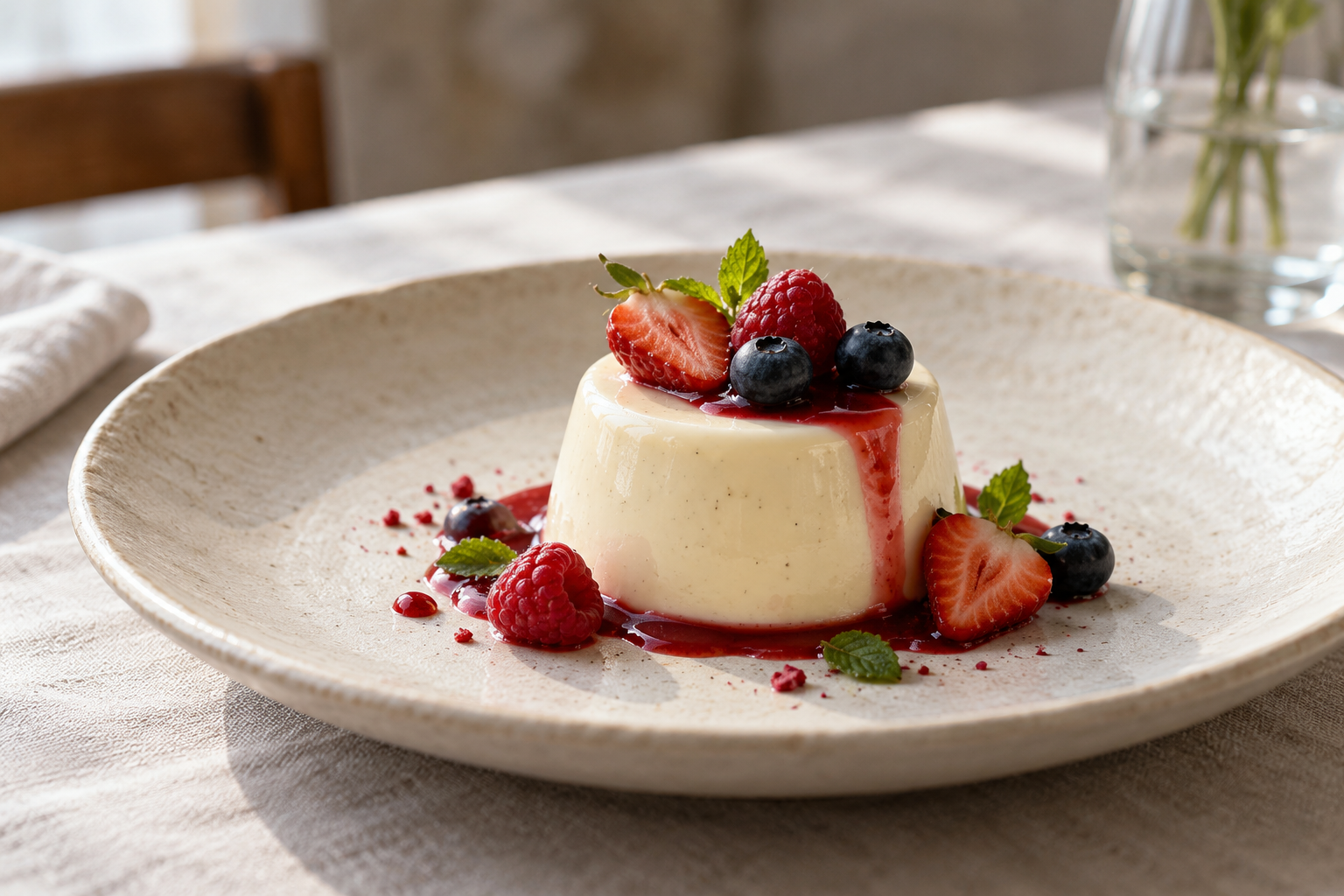 AI-generated illustration of a fictional vanilla panna cotta with fresh berries.