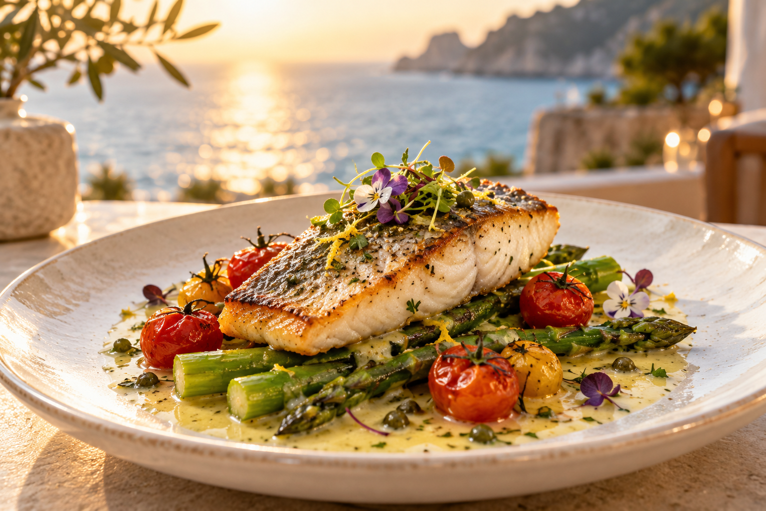 AI-generated illustration: sea bass with asparagus, tomatoes and lemon sauce, a fictional menu concept.