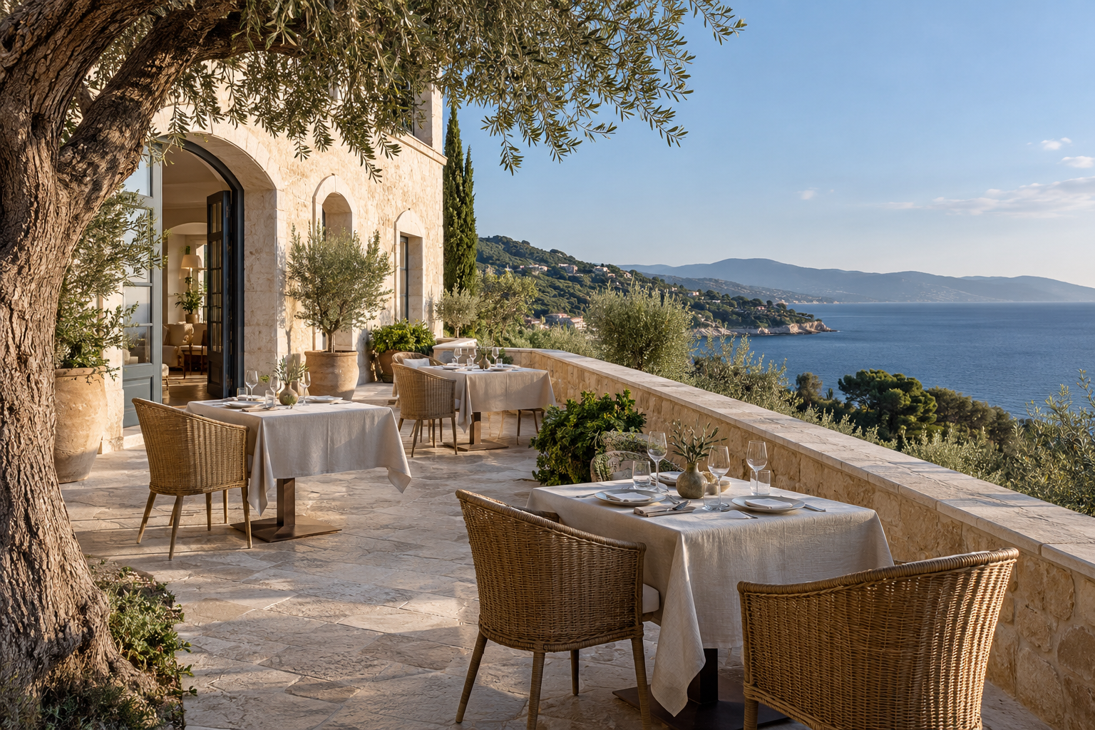 AI-generated illustration of a fictional Mediterranean hotel terrace in natural daylight.