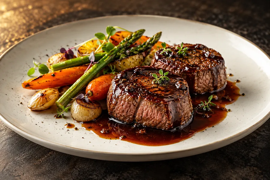 AI-generated illustration of beef medallions for a fictional restaurant showcase