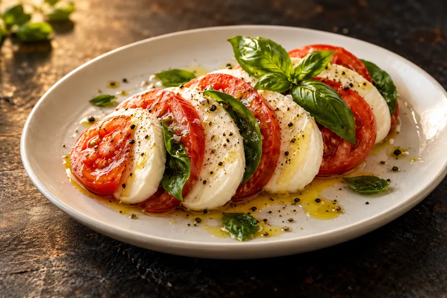 AI-generated illustration of caprese salad for a fictional restaurant showcase