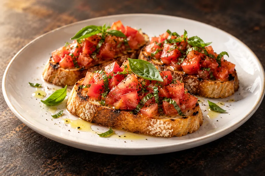 AI-generated illustration of classic bruschetta for a fictional restaurant showcase