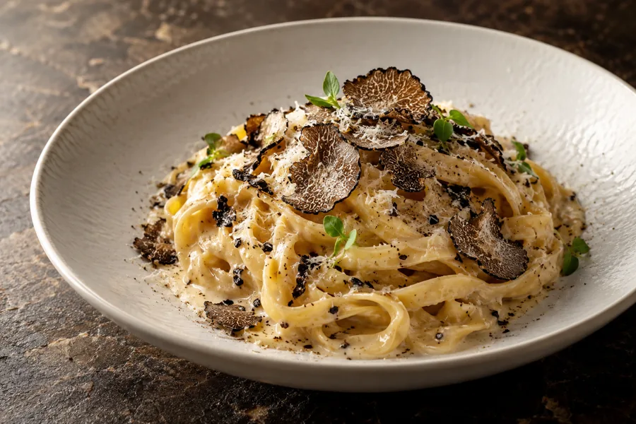 AI-generated illustration of creamy truffle pasta for a fictional restaurant showcase