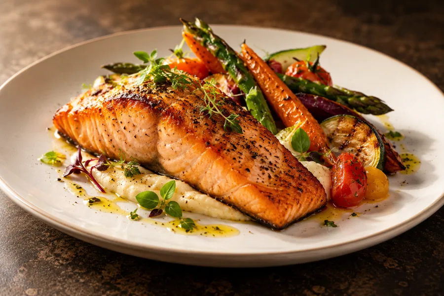 AI-generated illustration of grilled salmon for a fictional restaurant showcase